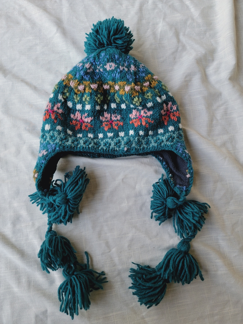 French Knot X Free People Teal Fair Isle Pom Pom Earflap Trapper Hat Beanie